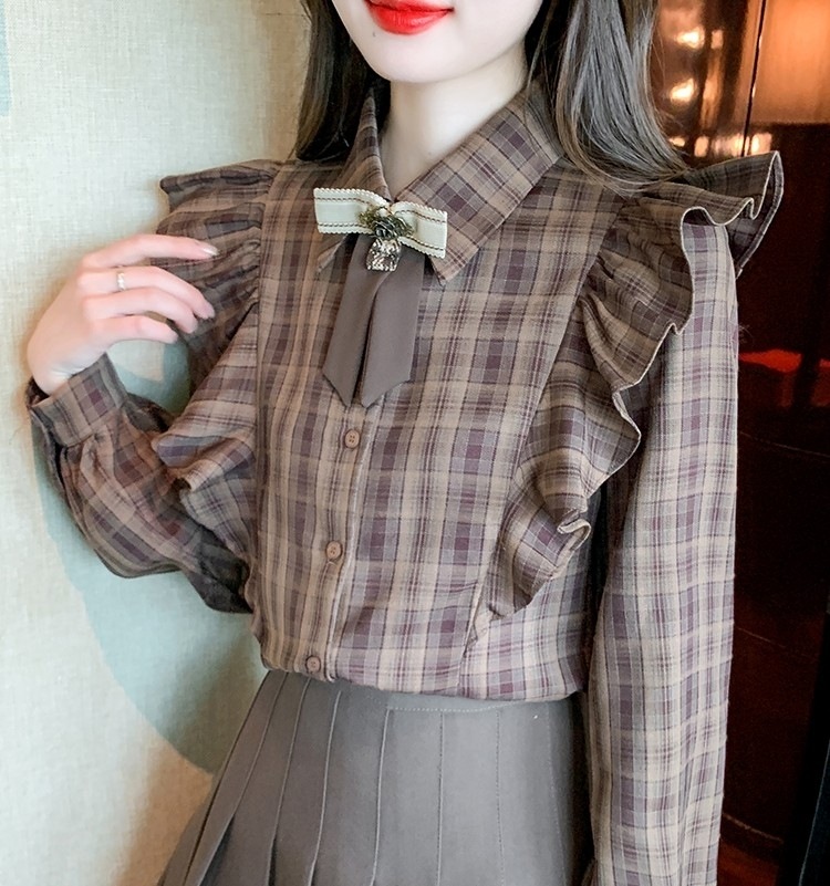 トップス シャツ ブラウス チェック柄シャツ パフスリーブ フリルシャツ リボン付き 長袖 襟付き フリル きれいめ 大人 おしゃれ レトロ 個性的 存在感 とろみ感 チェック柄 春 秋 冬 5,375円