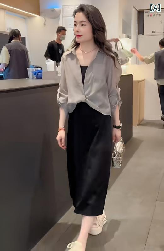 インナー　ワンピース　トップス 日焼け防止 シャツ サスペンダー ワンピース ツーピース スーツ 女性 夏 韓国 体型カバー ミドル 丈 ベスト スカート