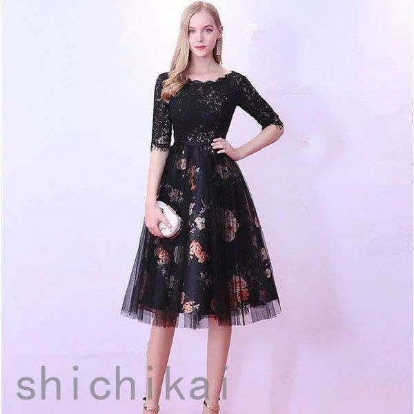 二次会 レディース 袖あり 結婚式 披露宴 パーティードレス ウェディングドレス ドレス ワンピース お呼ばれ 演奏会 黒ドレス WILLS 花柄 THOM ホワイトデー パーティドレス