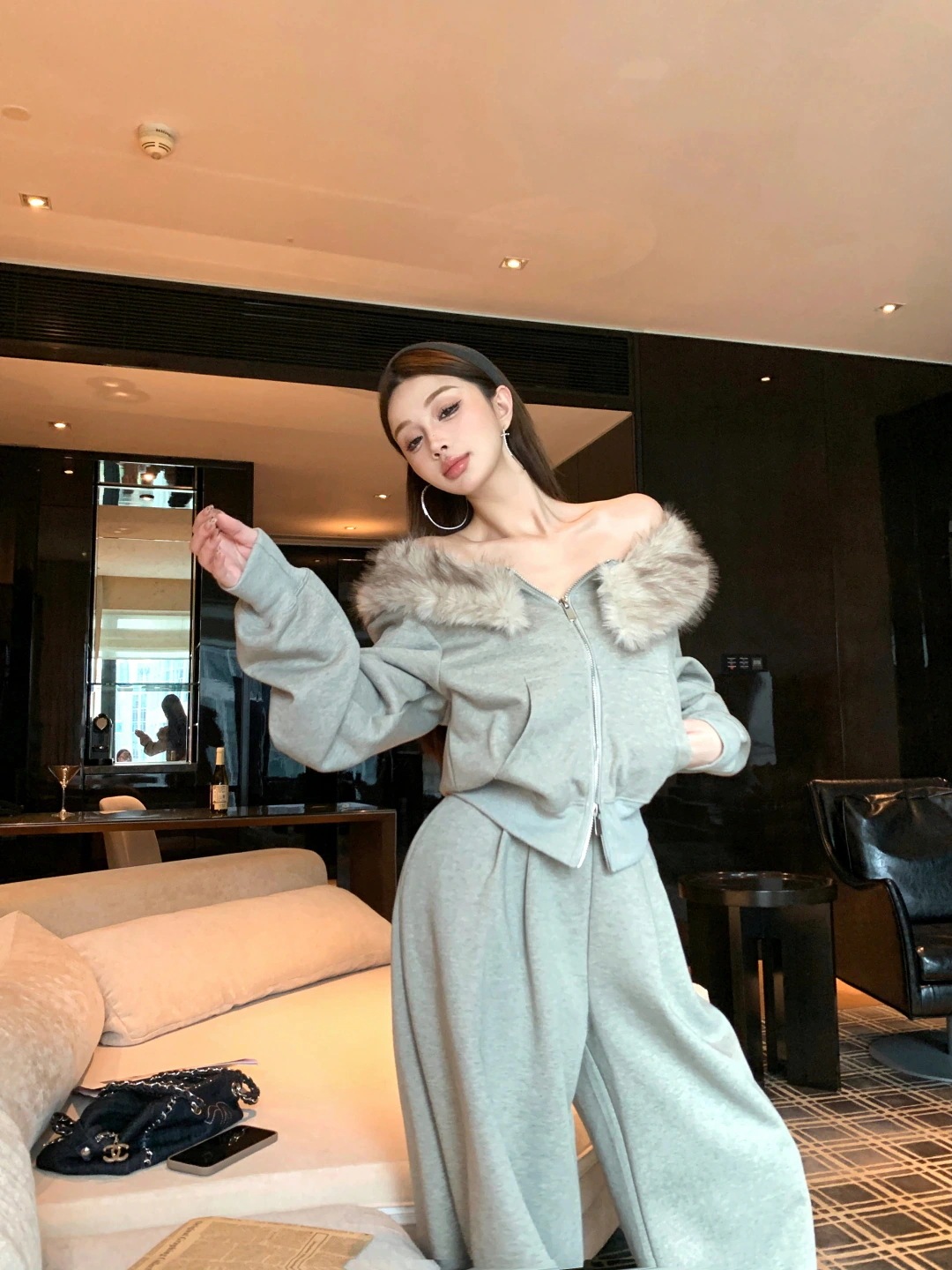25 韓国風 暖かいアウター×パンツ かわいいレディース長袖 チャックパーカー上下セットフーディーブルサイズ丈トップスルーズフィットカジュアルスポーツファッション系袖アップシルエット