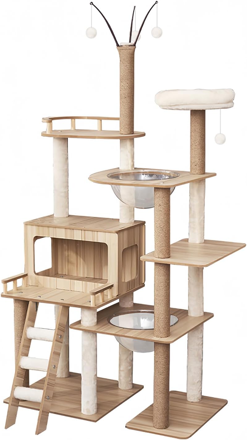 キャットタワー 木製 大型猫用 猫タワー 宇宙船 - 多頭飼い 付随 据え置き型 するねこハウス 運動不足解消 高い安定性 お手入れ簡単 老猫用 短足用 高さ172cm