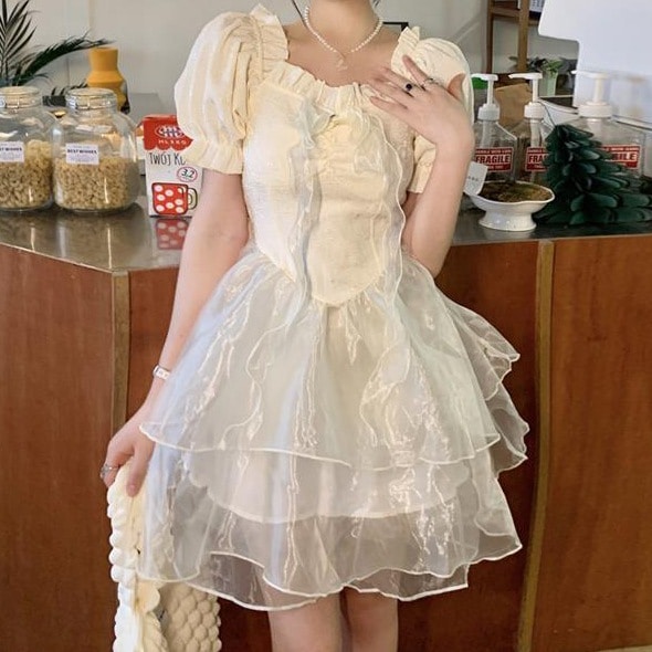 【1つ買うと10つ無料】バブルスリーブプリンセススカートスイートスカートスカートウエストと薄いドレスは分解できます2025