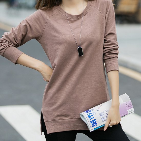 Tシャツ カットソー レディース トップス プルオーバー ラウンドネック 長袖 サイドスリット ロンT 選べる4カラー 大きいサイズ 春新作 春 春色 春服 春sale Tシャツ カットソー