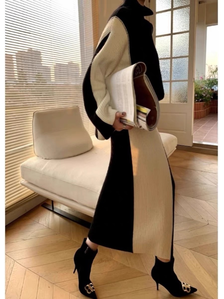 【セットアップ】バイカラー ハイネックニットセーター＋ニットスカート コントラスト バイカラー ニット スカート セットアップ set up ニットアップ 上下セット レディース モノトーン