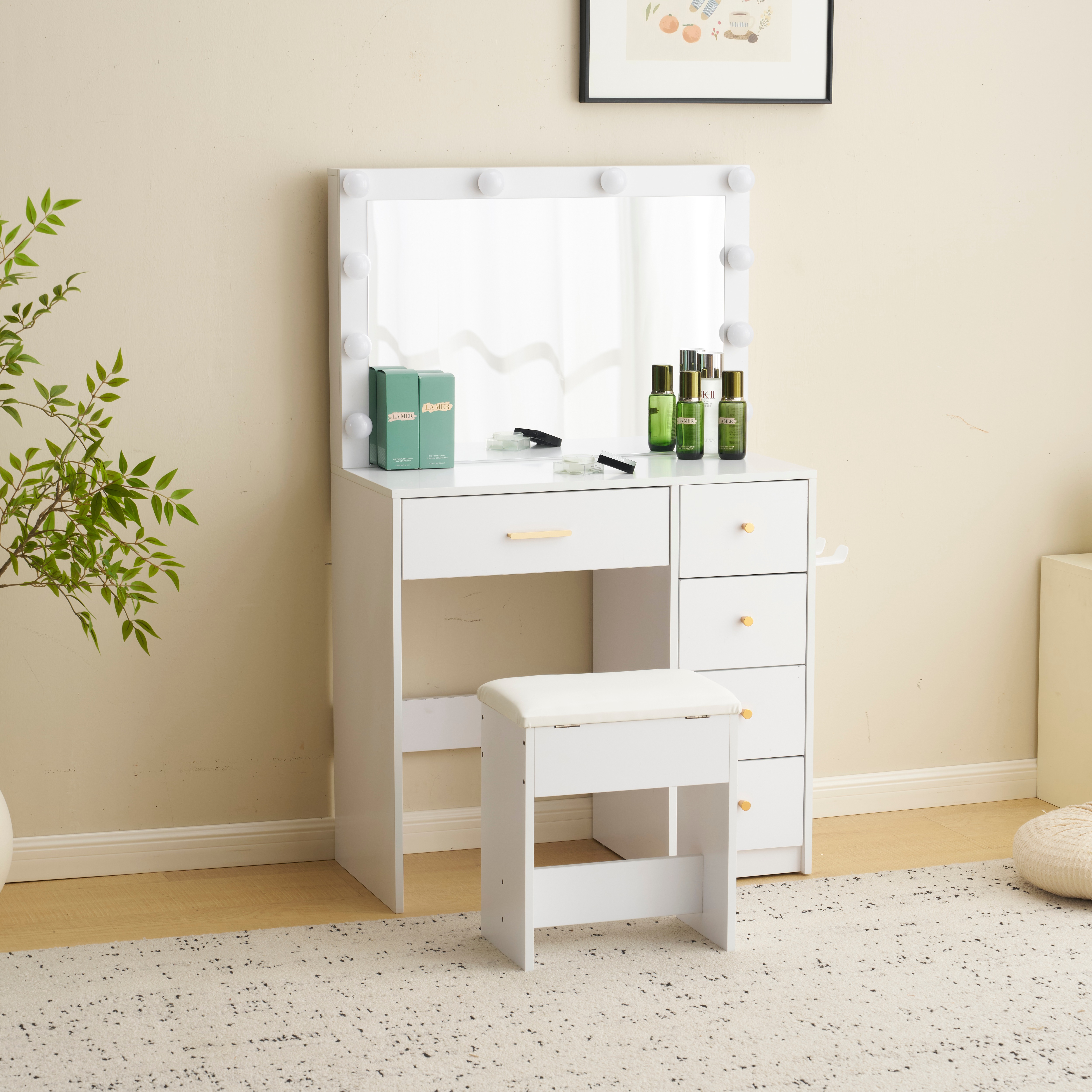【国内発送】264ドレッサー 化粧台 テーブル 鏡台 ライト付き 3色LED ドライヤーホルダー コンセント付き 女優ミラー 引き出し 収納 椅子 セット サイド収納 メイク台 シンプル 大容量 可愛