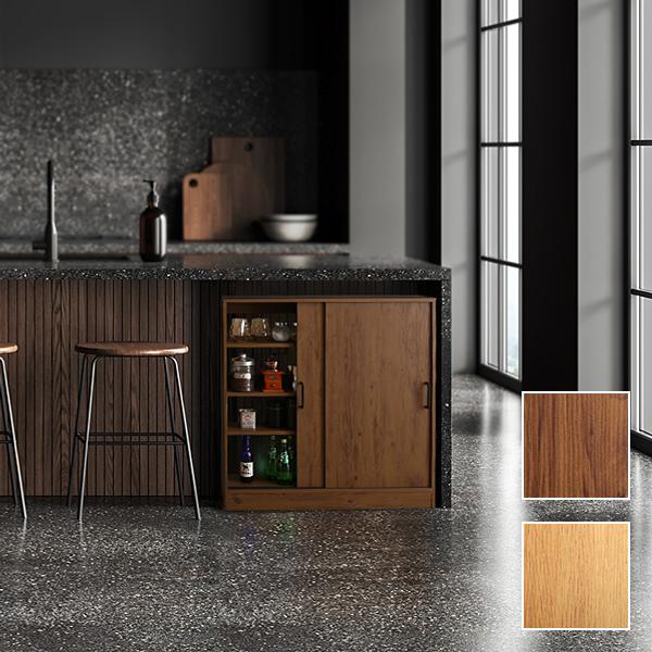 カウンター下収納 引き戸 約90cm幅 高さ85cm 壁寄せ 目隠し 収納棚 薄型 スリム おしゃれ ビンテージ風 木目 北欧 ナチュラル カフェ風 モダン レトロ 可動棚