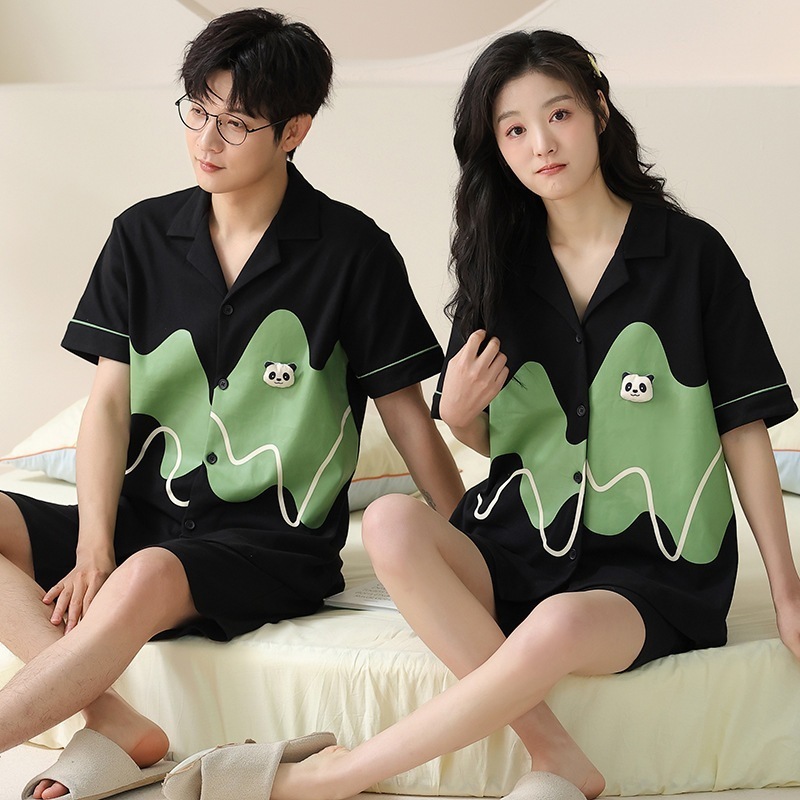 【クールタイプ】純綿カップルパジャマ夏大きいサイズ半袖男女家着セット外出用薄さ