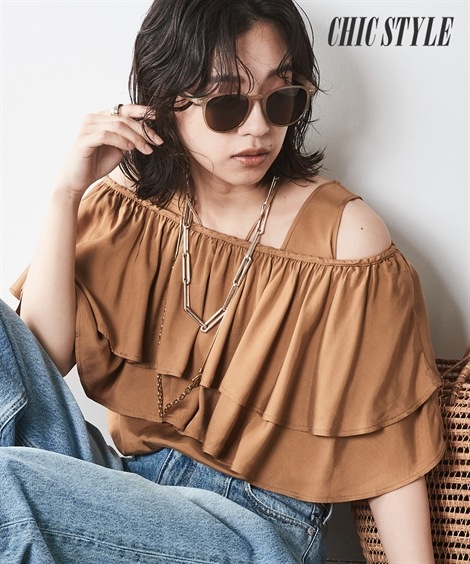 シャツブラウス 大きいサイズ 2点セット ノースリーブブラウス+フリル衿 シックスタイル