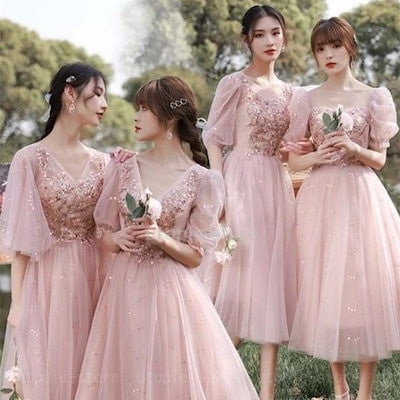 結婚式ワンピース 二次会 花嫁 演奏会用 ブライズメイド ピンク ピアノ 発