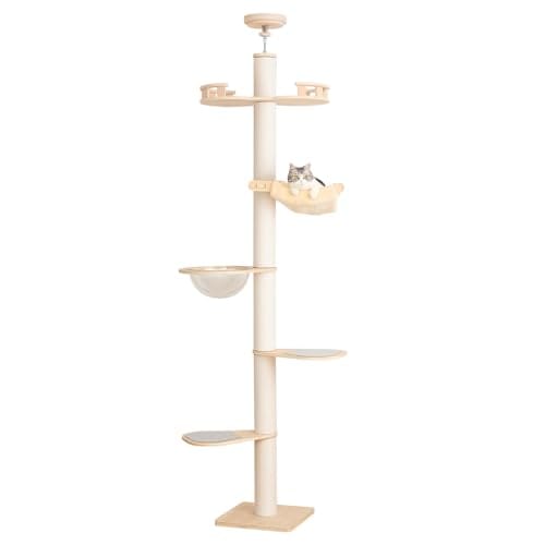 なになにLIFE 【ハンモック無料付き】 キャットタワー 突っ張り スリム 木製 シニア 【アップグレード版】 宇宙船 シンプル キャットツリー 猫タワー 太い支柱 大型猫 中型 おしゃれ 省スベース
