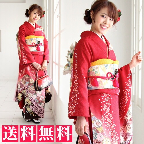 レンタル最大20日間 正絹 振袖 レンタル 成人式 セット 20点フルセット 派手 赤 桜 菊 鹿の子成人式から結婚式やフォーマルまで　着物　kimono フリソデ ふりそで rent