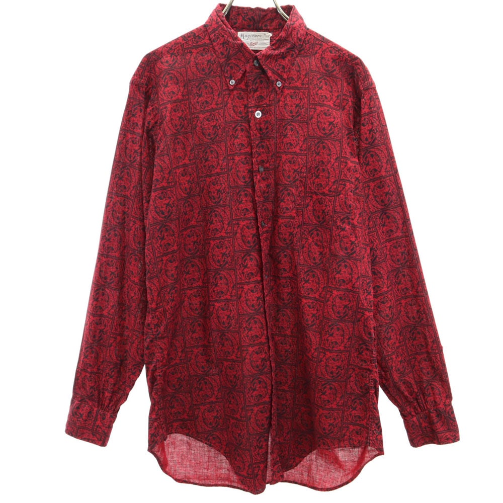 Magicare 総柄 長袖 ボタンダウンシャツ M レッド メンズ