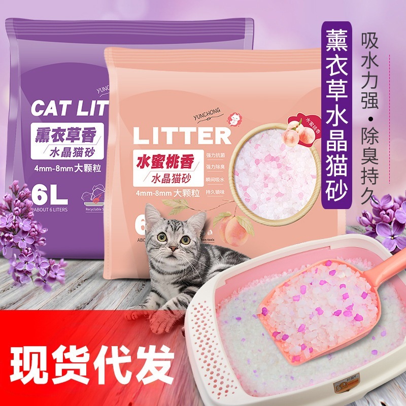 ユンチョン シリコン猫砂 6l 高速吸水 大粒子クリスタル猫砂 ラベンダーフローレグランス 消臭剤 無臭 猫用品