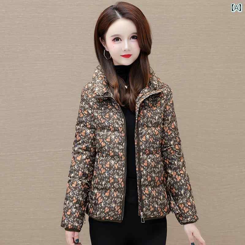 ジャケット ダウンジャケット レディース 大きいサイズ プリント ショート ダウン 冬 母 厚手 暖かい ホワイトダックダウン