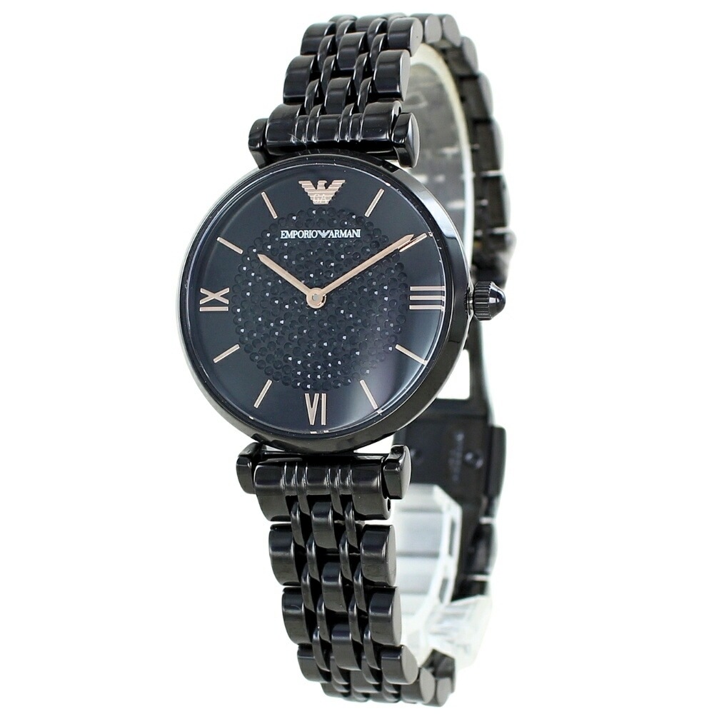 エンポリオアルマーニ レディース 腕時計 手表 仕事 遊び 大人の女性 クリスタル ブラック ローズゴールド 華やか ゴージャス 20代 30代 40代 50代 メッシュステンレス 誕生日ギフト 記念