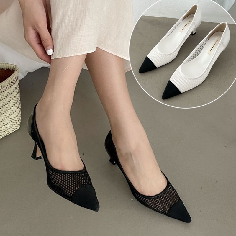 2color 涼しげな雰囲気のメッシュ素材 異素材ミックス．コンビ素材 配色．バイカラー ポインテッドトゥ 5cmヒール．ミドルヒール パンプス