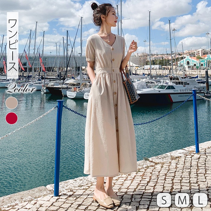 ワンピース 膝丈 可愛い 夏物 ロング 春 かわいい カジュアル シンプル OL 生地も薄手でUネックで首元が詰まりすぎず普段使い