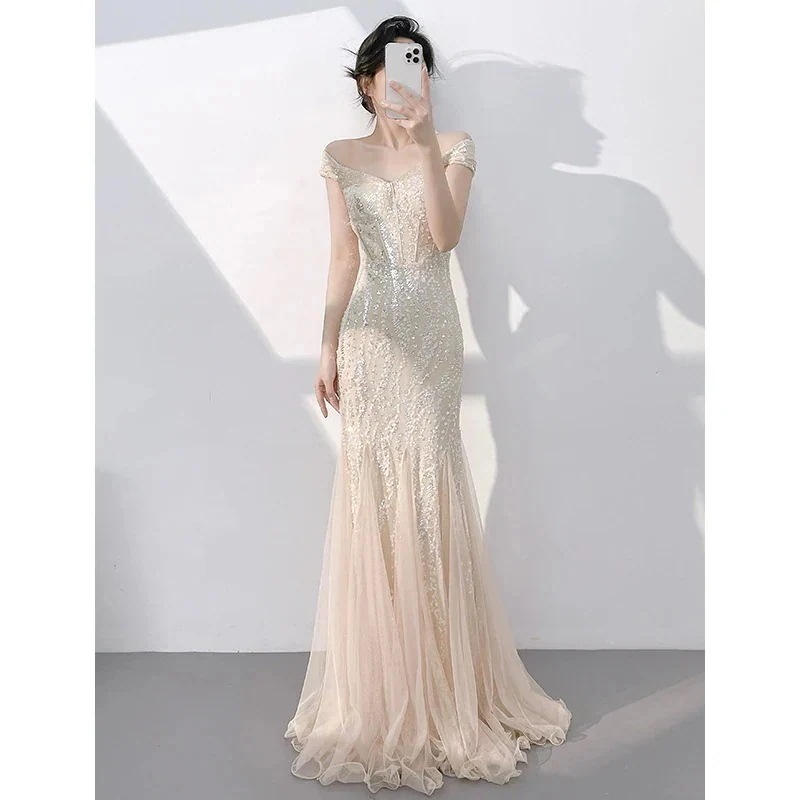 ドレス ワンピース シャンパン 絶美 オフショルダー ラメ ロング 発表会 結婚式 ドレス お呼ばれパーティー ドレス