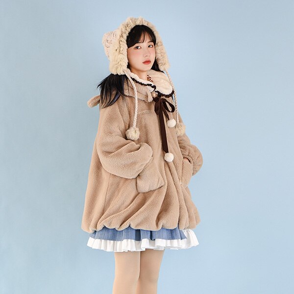 ボアブルゾン フェイクファー コート パーカー ふわふわ もこもこ うさぎ ペアルック うさ耳 かわいい 熊耳 尻尾付き ジャケット ポケット 尻尾付き 可愛い過ぎ Lolita 長袖 秋冬 萌え萌え 8,756円