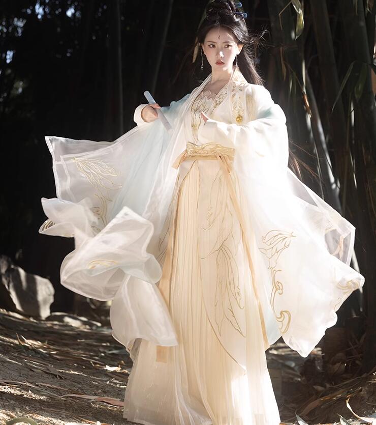 華やか 漢服 チャイナ服 レディース 超豪華 中華衣裳 皇后 貴妃 中国古代服装 中華ドラマ 時代劇 コスチューム 白に金色な刺繍 鳳凰 翼 蓮 振袖羽織 6点セット 唐 宋 華流 仙女 神様 コスプ