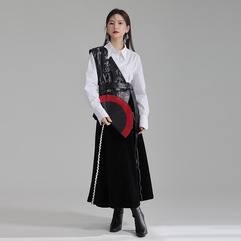 【J.Fashion】 セットアップ ブラウス+レザーベスト+スカート 3セット レディース 刺繍 中華風 セット 関連商品は店で購入可能