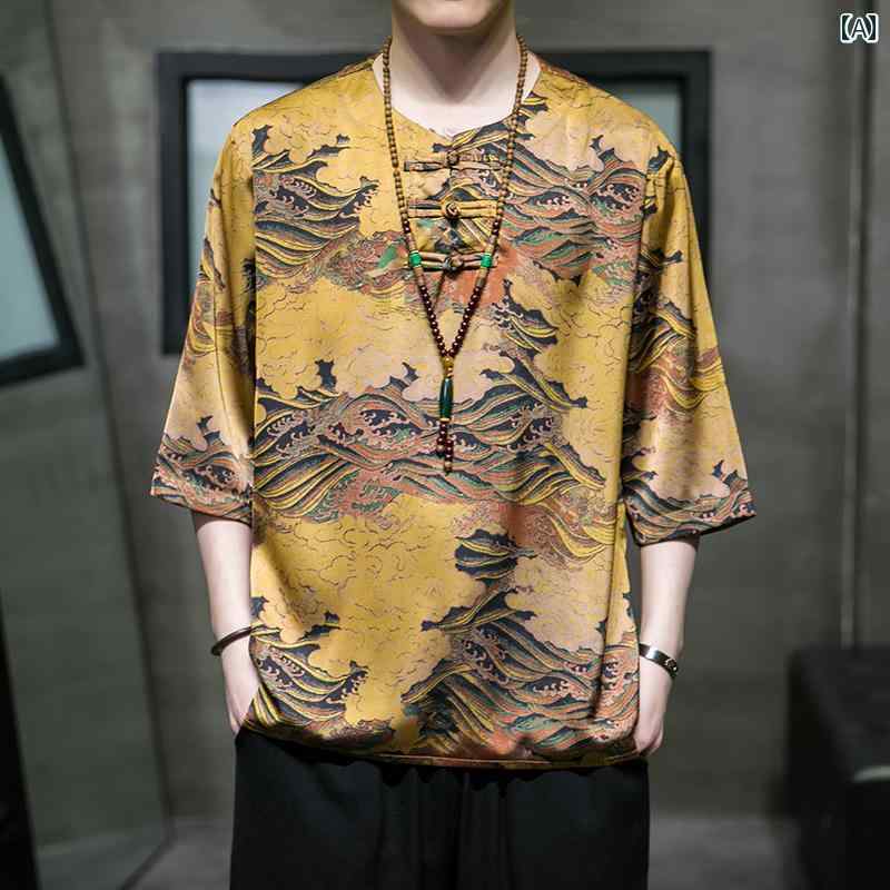 メンズ シャツ トップス 七分袖 チャイナ風 クボタン３つ 中華伝統柄 風景プリント 薄手 冷感 唐装 漢服 夏 しわ防止 ラウンドネック 快適 通気性 軽量 シック エレガント