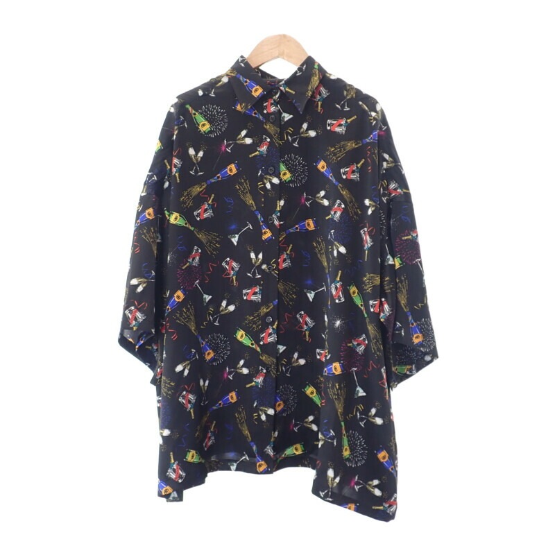 セレブレーション プリント 36 半袖シャツ シルク ブラック メンズ【Aランク】