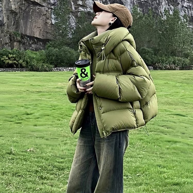 女性用 シュークリームリクガメグリーンダウンジャケット 高級感 ライムグリーン フード付き パンジャケット 2025年冬季 アウター
