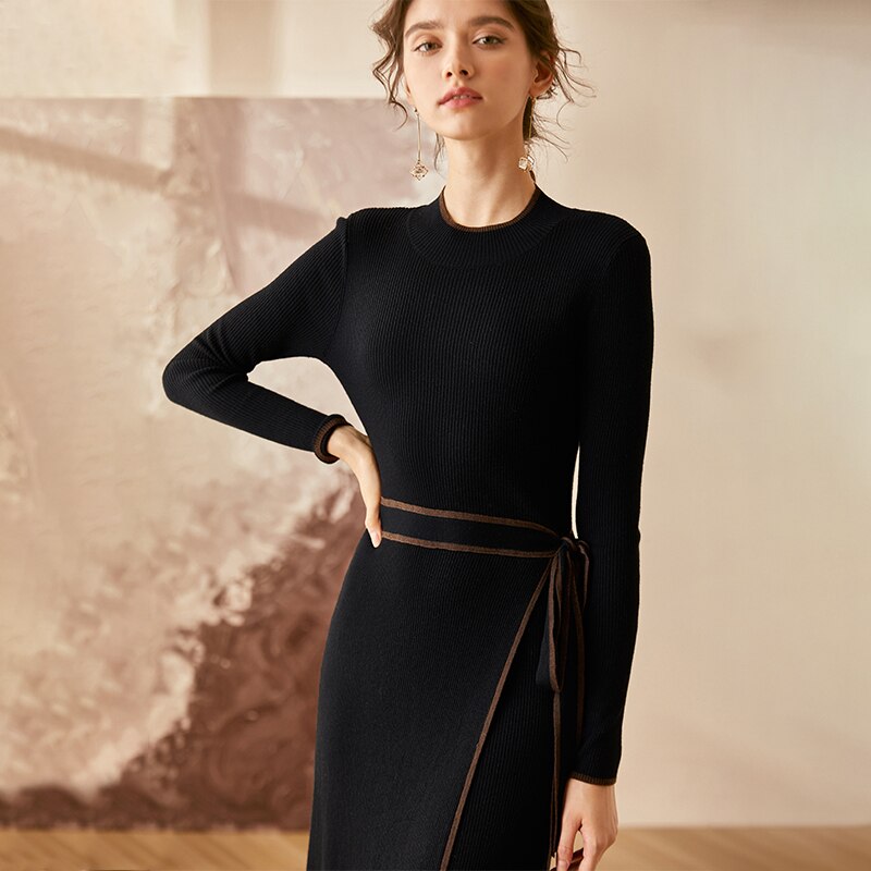 ワンピース タイト 膝丈 膝下 長袖 Uネック 細身 ストレート ウエストマーク サイドリボン 伸縮性 リブニット 大人可愛い きれいめ エレガント 秋 冬 デート OL お出かけ XL 2XL