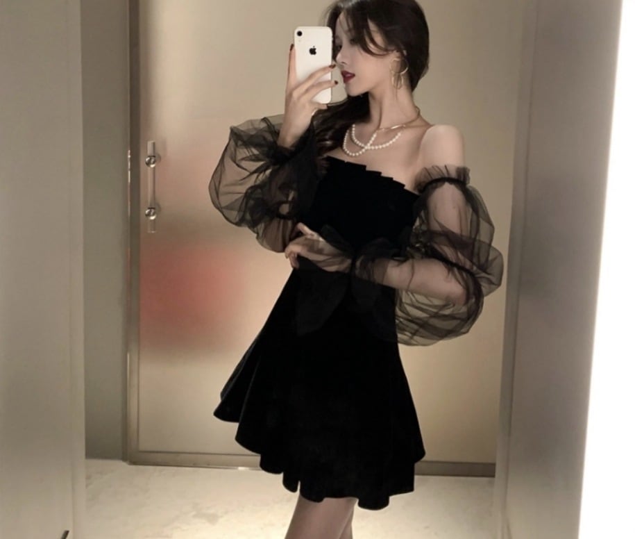 ドレス 衣装 パーティードレス パーティドレス 二次会ドレス ミニドレス ステージドレス 舞台衣装 舞台ドレス Aラインドレス ブラックドレス ショート ショート丈 袖あり 長袖 オフショルダー