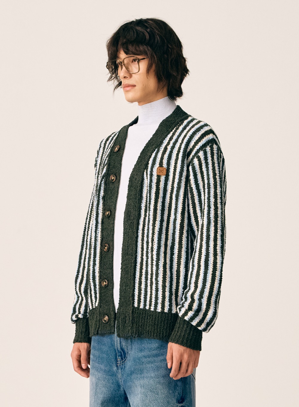 【SATUR】 FARO OVER SIZE WOOL BLEND STRIPE CARDIGAN : DARK GREEN