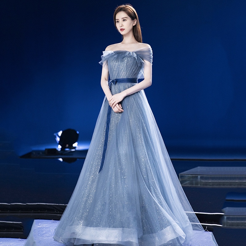 パーティー ドレス レディース服 結婚式 ワンピース 二次会 発表会 20代 30代 40代 50代バンケットイブニングドレス 2024 秋ブルーワンショルダーエレガントロングドレスホスト美術試験年次