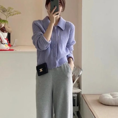 襟付きニットカーディガン トップス ニット カーディガン 長袖 襟付き 伸縮性 かわいい 大人可愛い