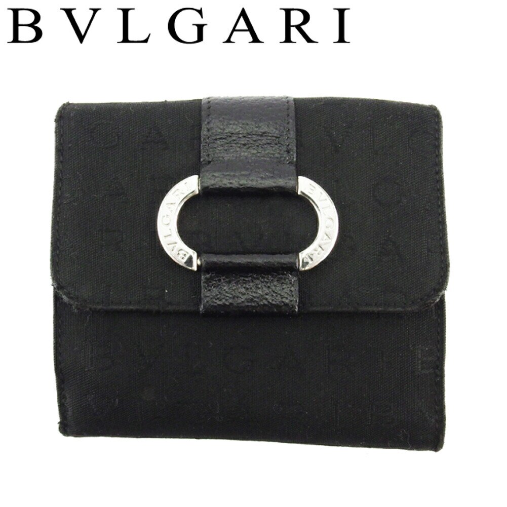 Wホック 財布 二つ折り ミニ財布 ロゴマニア レディース メンズ ブラック シルバー 中古