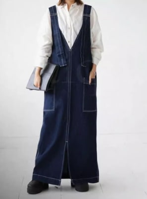 レディース スカート ボトムス サロペット デニム ロングスカート 膝下 丈長 袖なし ノースリーブ 襟なし ストレート スリット ポケット ボタン ブルーデニム 中厚手 大人可愛い きれいめ