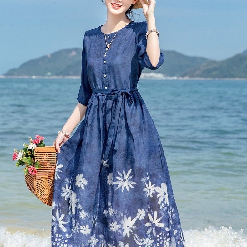 レディース ワンピース ミモレ 5分袖 クルーネック 襟なし フレア Aライン フェミニン ウエストマーク 透け感 オーガンジー ボタン 切り替えデザイン バイカラー 薄手 かわいい 大人可愛い