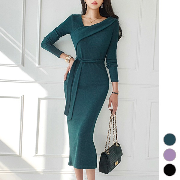 ワンピース レディース 長袖 Vネック タイト スリム 膝下 ロング丈 ミモレ丈 ハイウエスト 上品 きれいめ 秋 冬 春 30代 40代 50代 韓国 to25101