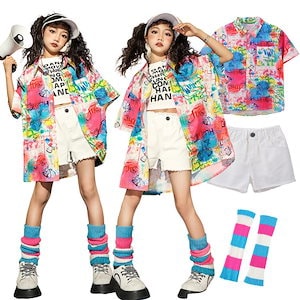韓国 ダンス 衣装 セットアップ 柄シャツ 派手 子供服 キッズ ヒップホップ 女の子 シャツ