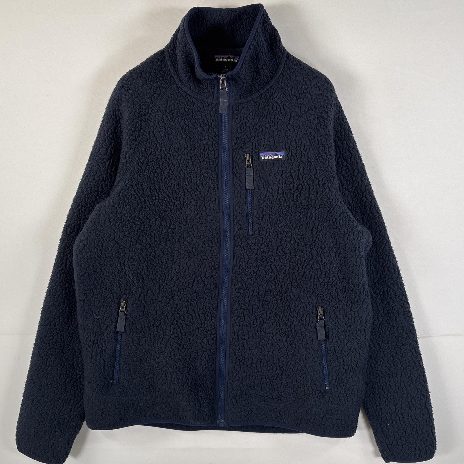 古着 フリースジャケット レトロパイルジャケット フルジップ ワンポイントロゴ L ネイビー メンズ