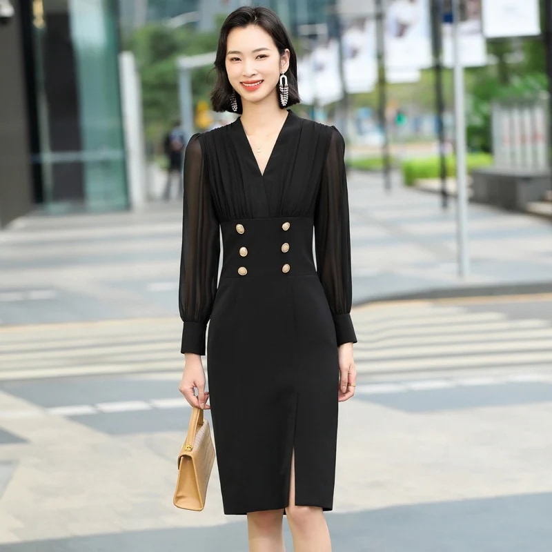 気質人気スリット長袖ワンピース女春秋高腰ファッションvネックシャツ ブラウスワンピース