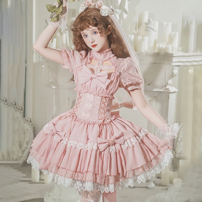 正規品トワイライト夢蝶lolita半袖opピンク可愛いロリータ夏ショートワンピース