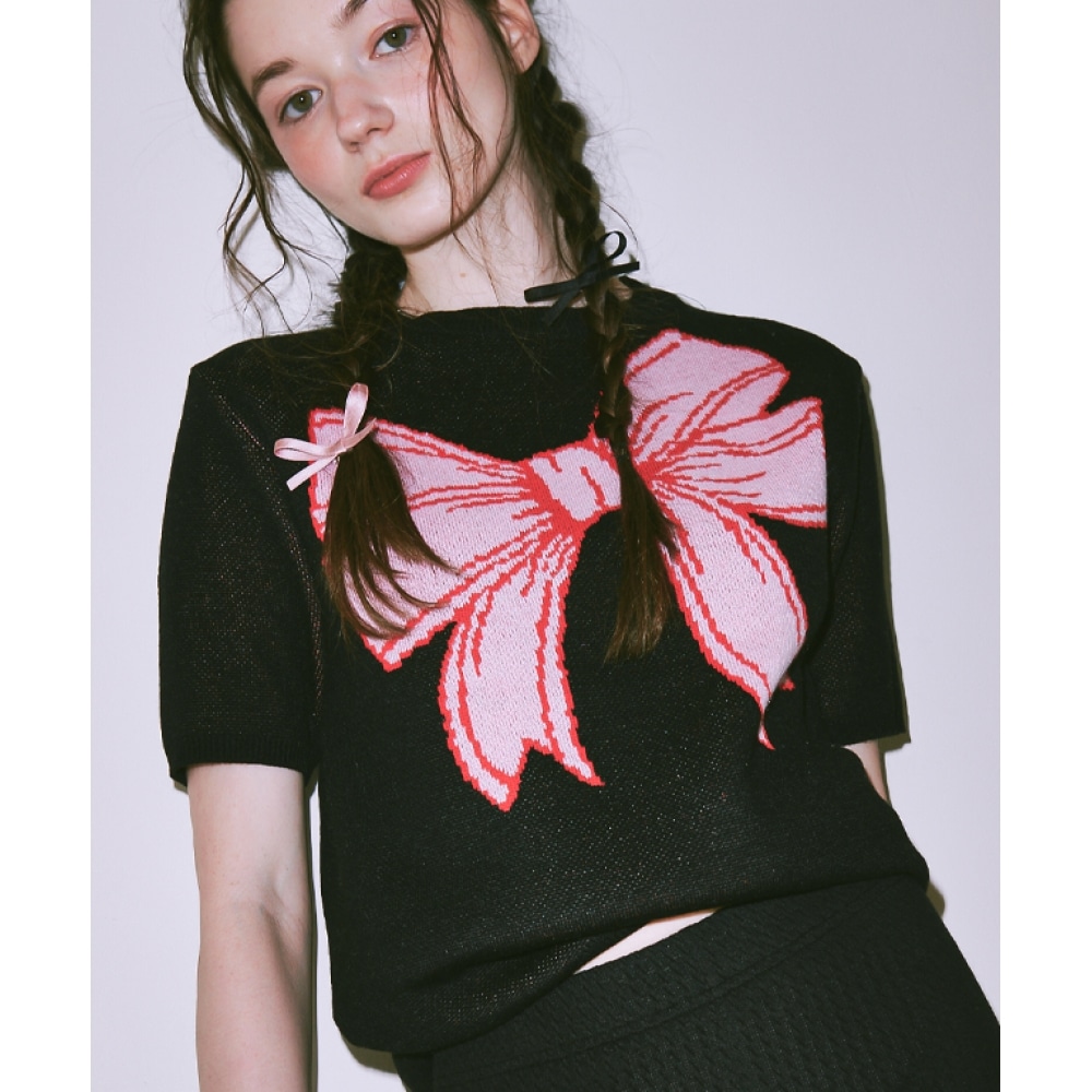 ロンロンリボンイタリアコットンショートニット ブラック