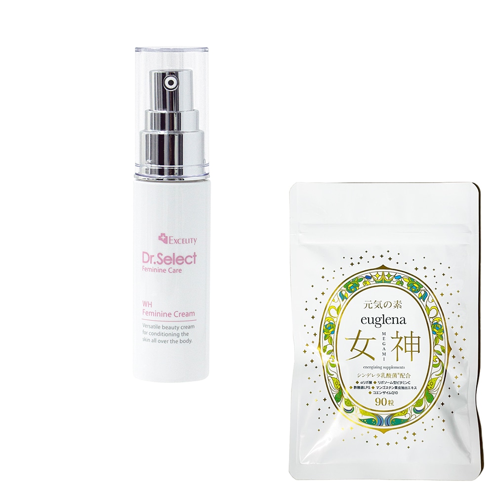 お得セットユーグレナ女神90粒＋WHフェミニンクリーム　15ｇ　美容クリーム エクセリティー