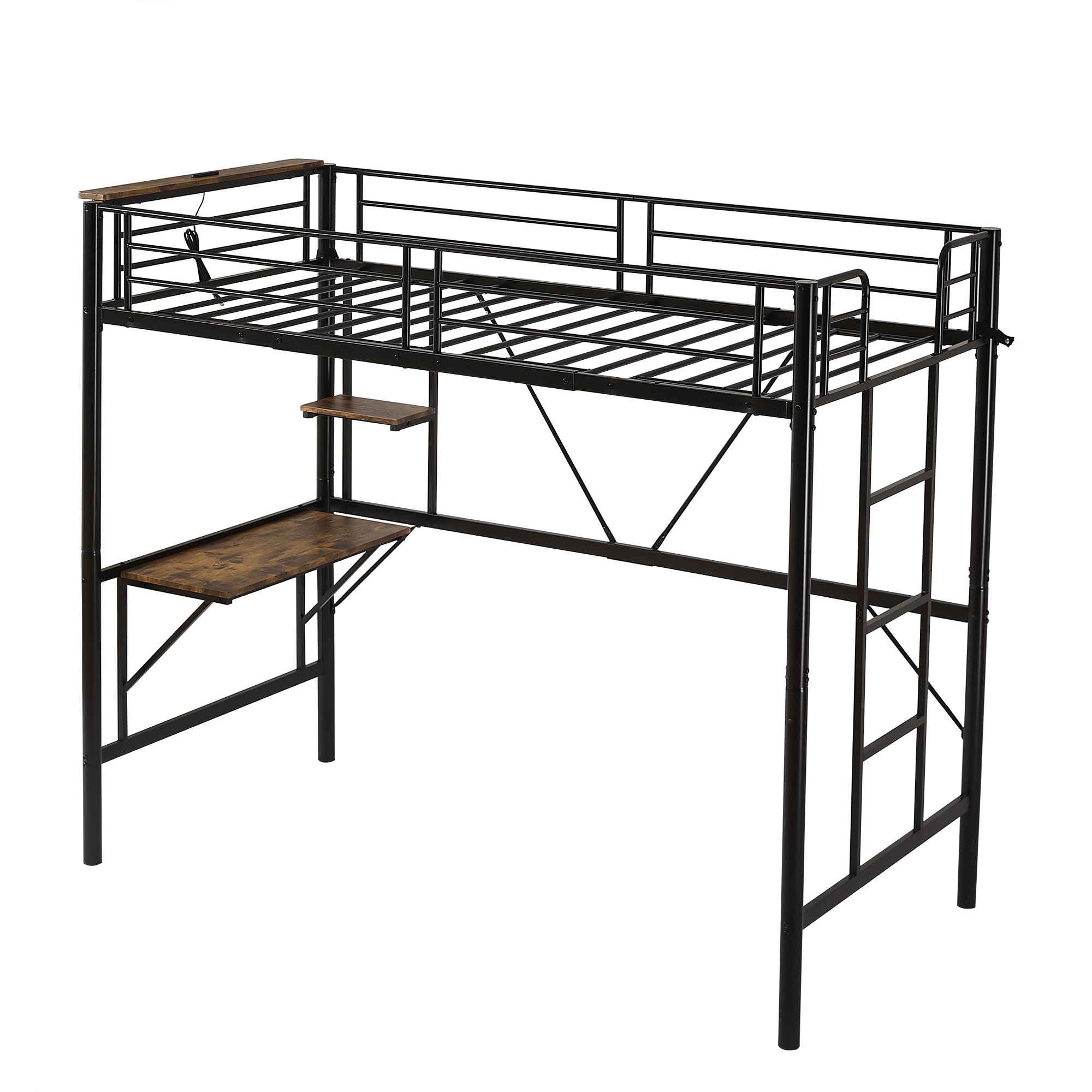 【北欧風】ロフトベッド シングル パイプ製 デスク&収納棚付き はしご付き 子供用 金属フレーム コンパクト 組立簡単 省スペース 耐荷重150kg