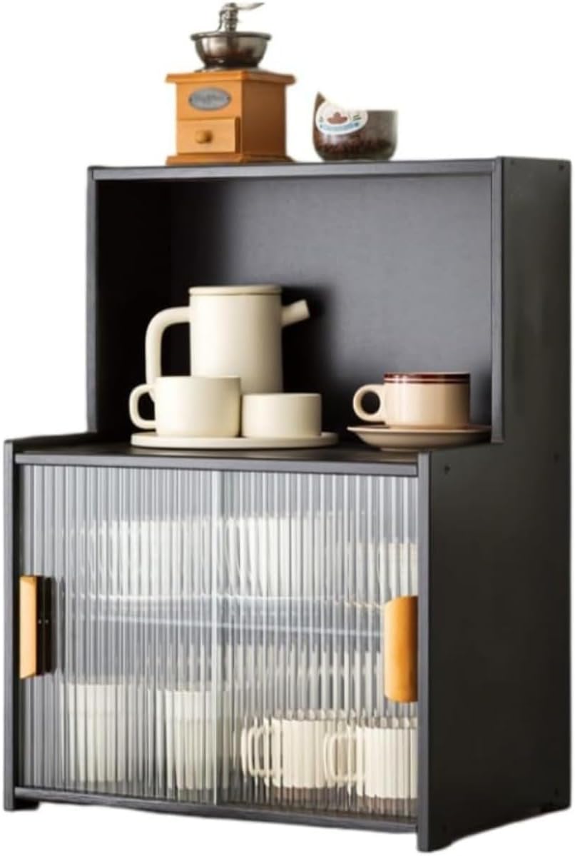 食器棚 防塵 引き戸 可動棚 竹製 一人暮らし 収納棚 キッチン収納 キッチンキャビネット キッチンカウンター 組み立て式 おしゃれ ガラス扉 ミニ スリム 収納便利 台所収納 (ブラック