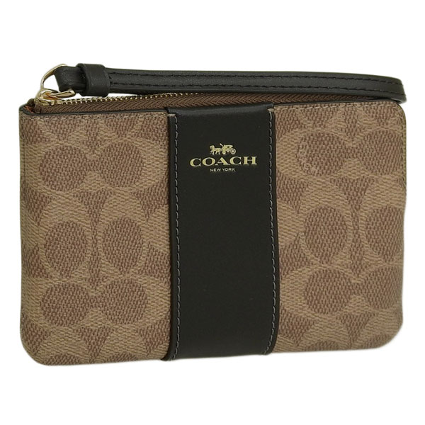 コーチ ポーチ レディース アウトレット カーキ×ブラック コーナージップ リストレット シグネチャー キャンバス ストライプ CRN ZIP SIG LTH STRP CW854IMQRX COAC