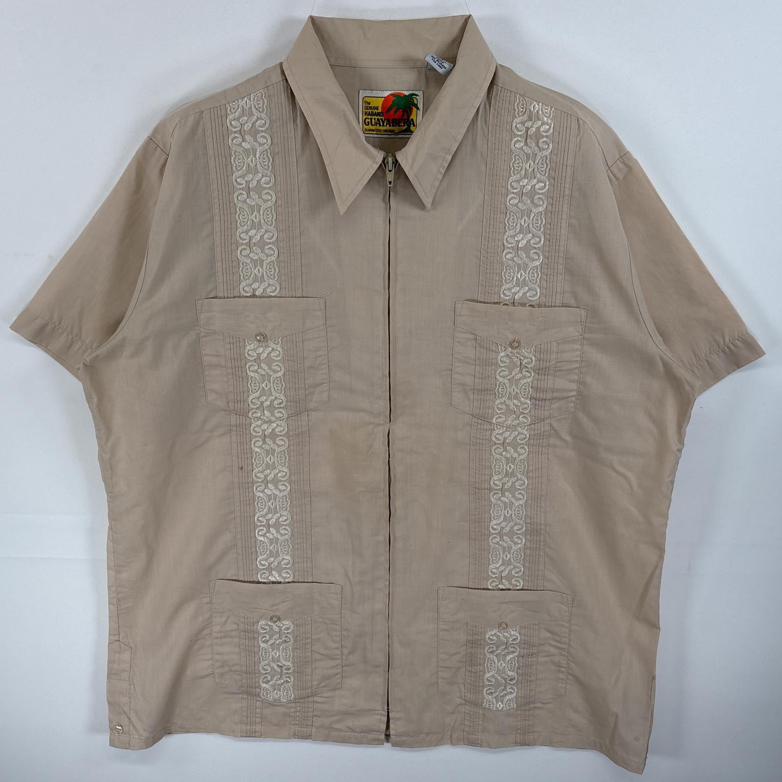 古着 GUAYABERA 半袖シャツ キューバシャツ フルジップ 4つポケ L ベージュ 無地 メンズ
