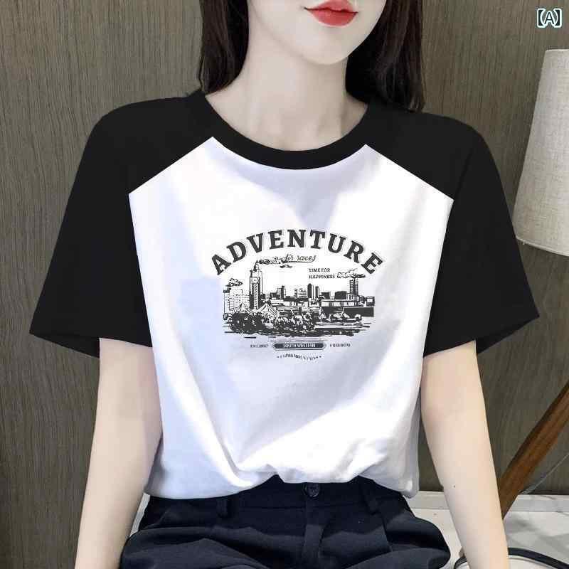 レディース　Tシャツ　半袖 ショルダー コントラスト 半袖 Tシャツ レディース 2025 夏 大きいサイズ ラウンドネック プリント ラグランスリーブ トップス