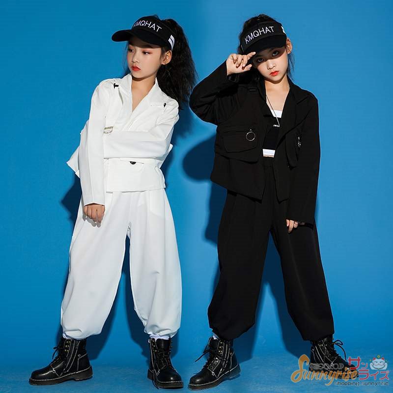 【メガ割 】キッズダンス衣装 セットアップ 長袖 ブラック ホワイト ジャケット スーツ 女の子 男の子 舞台服