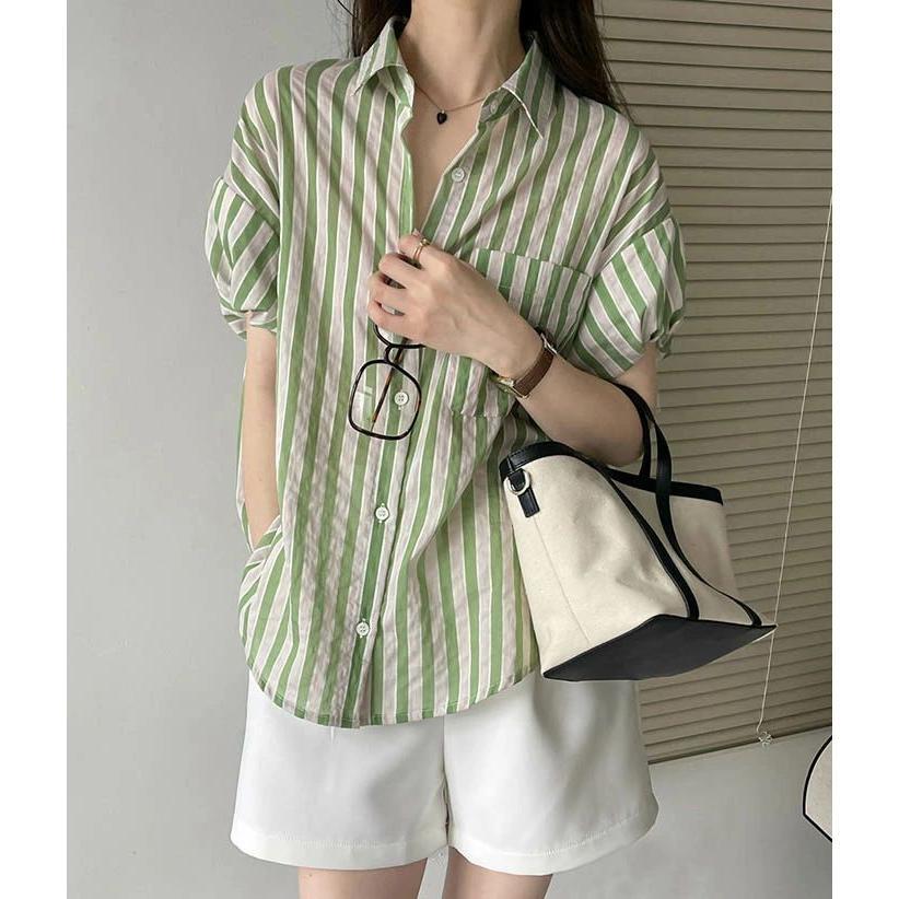 シャツ ブラウス レディース ストライプ ぽわん袖 綿混 半袖 トップス おしゃれ 春 夏 秋 フェミニン 着回し 体型カバー シンプル おしゃれ 大人 カジ 5,205円